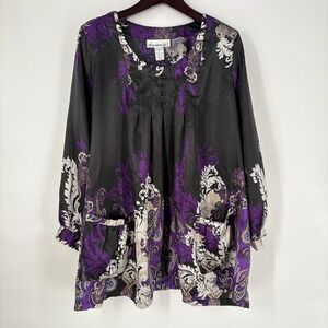 Denim 24/7 Womens Paisley Satin Tunic Top Size 26W Purple Black Pleated Pockets